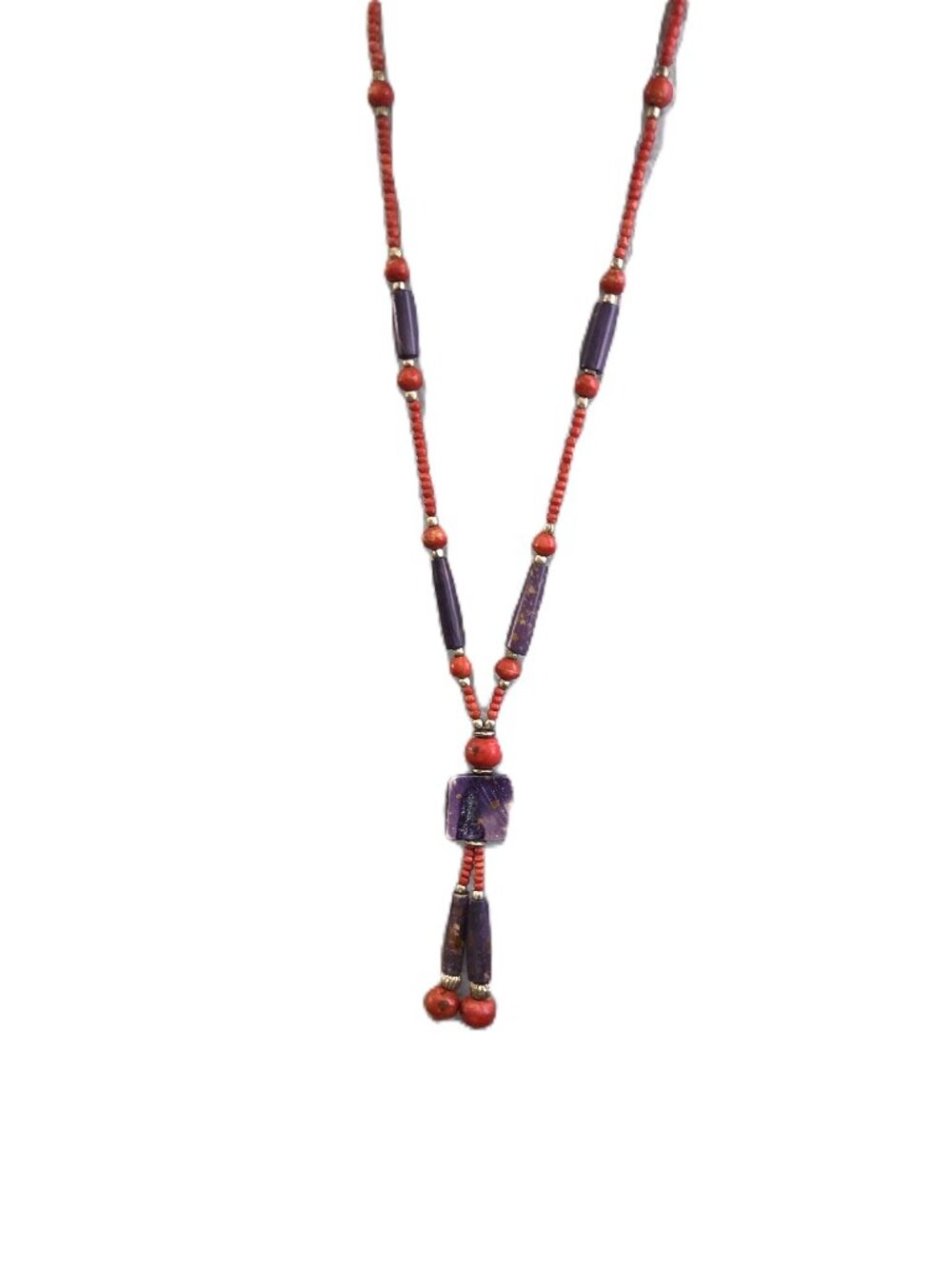 Vintage Bead Necklace 20" Multi Bead Stone Pendant Gold Tone Tassel Purple Red